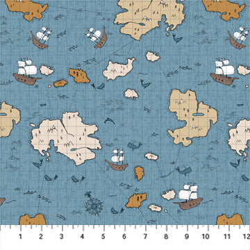 FIGO Fabrics - Calm Waters - Vintage Map - Blue/Multi