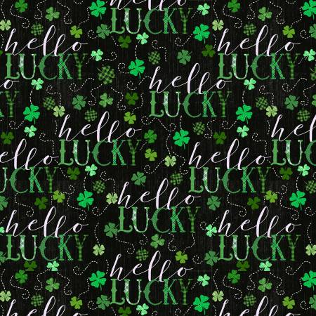 Henry Glass - Hello Lucky words in Green on a black background - Perfect for St. Patrick's Day