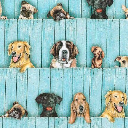 Back in stock - Robert Kaufman - SWEET Dog and Pup Fence - by Bob Bowdige from Whiskers & Tails - Priced and sold by the half metre