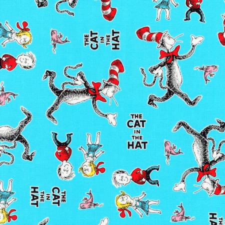 Last cut from bolt - 16" x width of fabric - Dr. Seuss - The Cat in the Hat  Aqua - by Robert Kaufman
