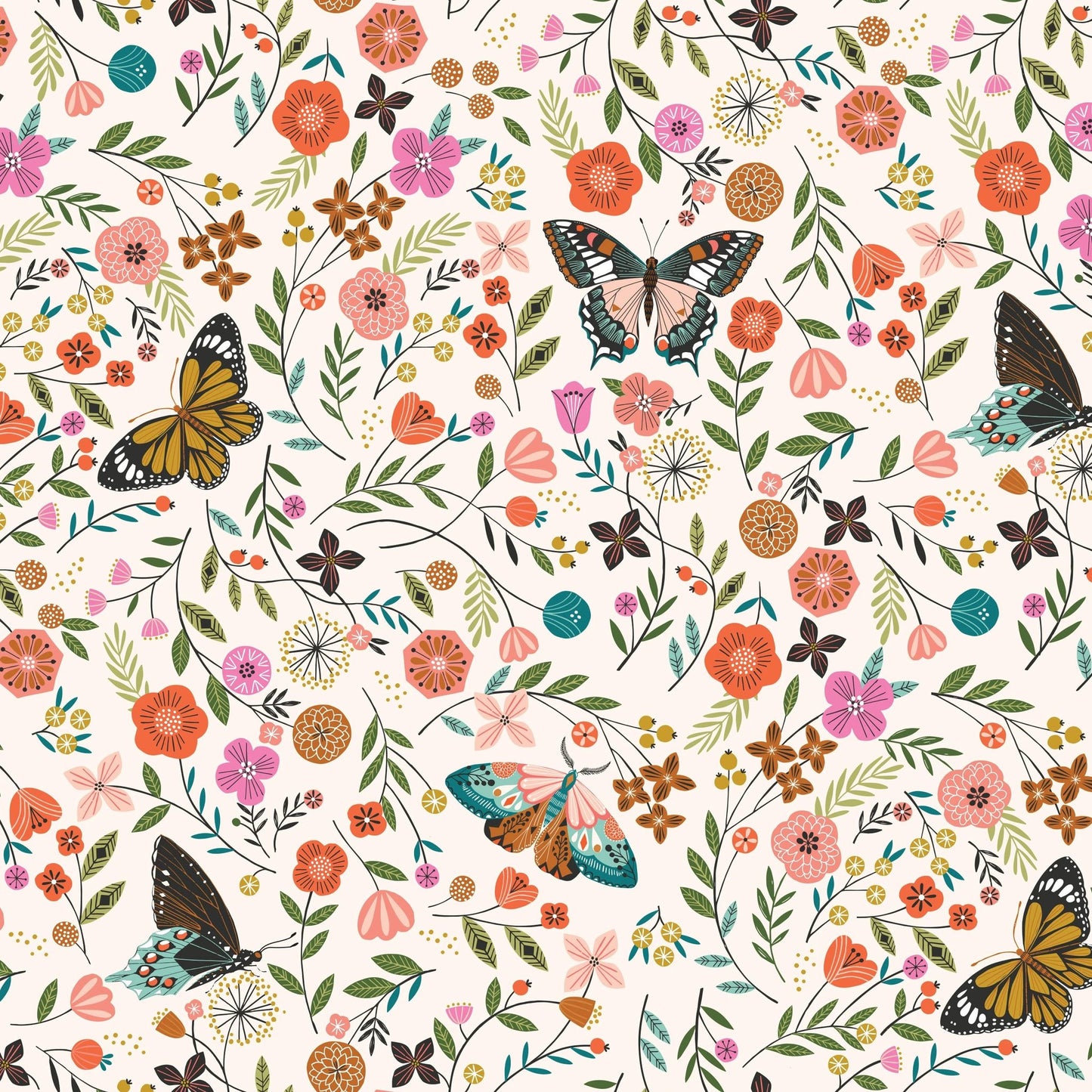Remnants 2 cuts remain - last cut - approx. 6.5” and 5.5” x width of fabric - Dashwood Studio  - Aviary - Pollinators - Butterflies and Flowers on Cream Background