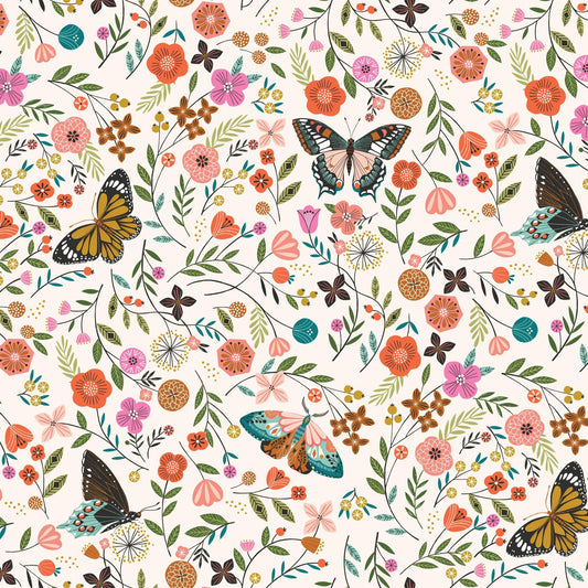 Remnants 2 cuts remain - last cut - approx. 6.5” and 5.5” x width of fabric - Dashwood Studio  - Aviary - Pollinators - Butterflies and Flowers on Cream Background