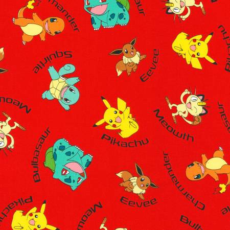 Back in stock - Pokémon - Character Names - Red - Robert Kaufman Fabrics