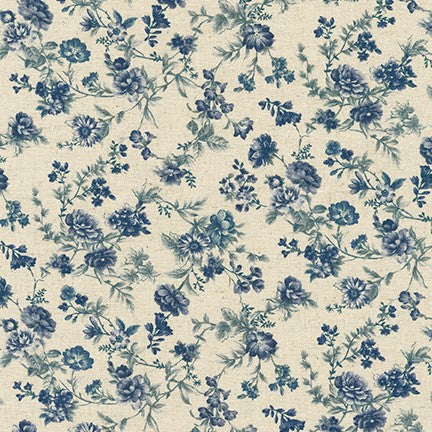 Cotton Flax Prints - Floral -  Blue - by Sevenberry for Robert Kaufman