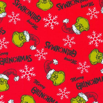 Robert Kaufman - Dr. Seuss - Christmas - How the Grinch Stole Christmas - Grinch Heads on Red - Merry Grinchmas