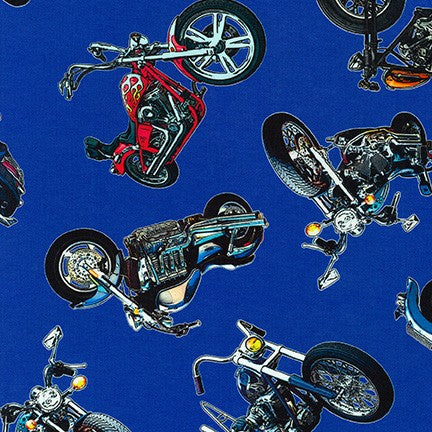 Robert Kaufman - On the Road - Vintage Motorcycles on Royal Blue