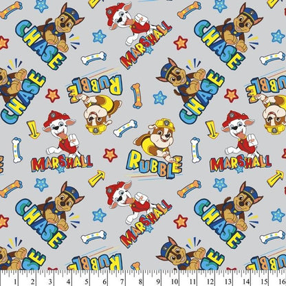 Paw Patrol - Chase, Marshall and Rubble - Grey - Priced per half Metre