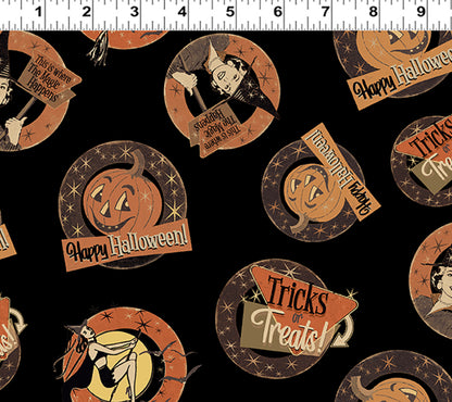 Last cut from bolt - Approx 24" x width of fabric - Clothworks - Retro Halloween  - Medallions - Black
