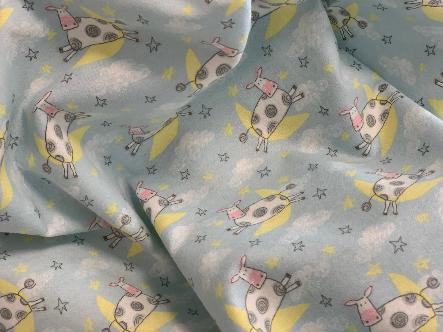 Flannel - Comfy Flannel - Blue Cow Jumping Over the Moon - Priced by the half Metre