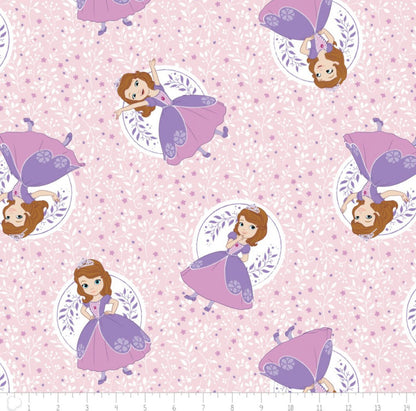 Last cut from bolt - approx 34.5” x width of fabric - Disney - Sofia the First Collection - Poses - Light Pink
