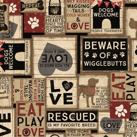 Last cut from bolt - approx 11" x Width of fabric  - Wigglebutts - Cute Phrases related to Dog ownership and Dog Love - Light Khaki Collage