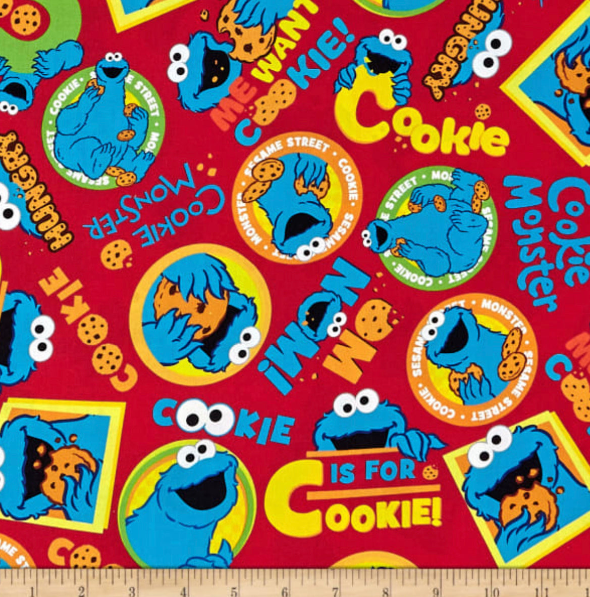 Last cut from bolt - 13.5" x width of fabric - Sesame Street - Cookie Monster Toss - Red