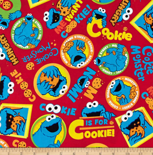 Last cut from bolt - 13.5" x width of fabric - Sesame Street - Cookie Monster Toss - Red