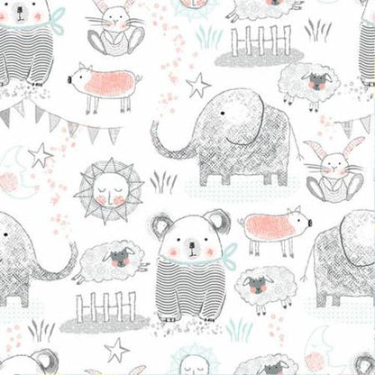 Last 21” x width of fabric - Flannel - Comfy Flannel - White Elephant, Bear, Pigs, Bunny & Sheep