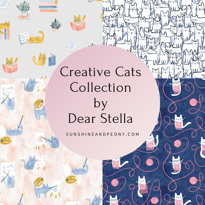 Last cut from bolt - 10.5" x width of fabric - Dear Stella - Creative Cats  - Wait a Meow Ment - White