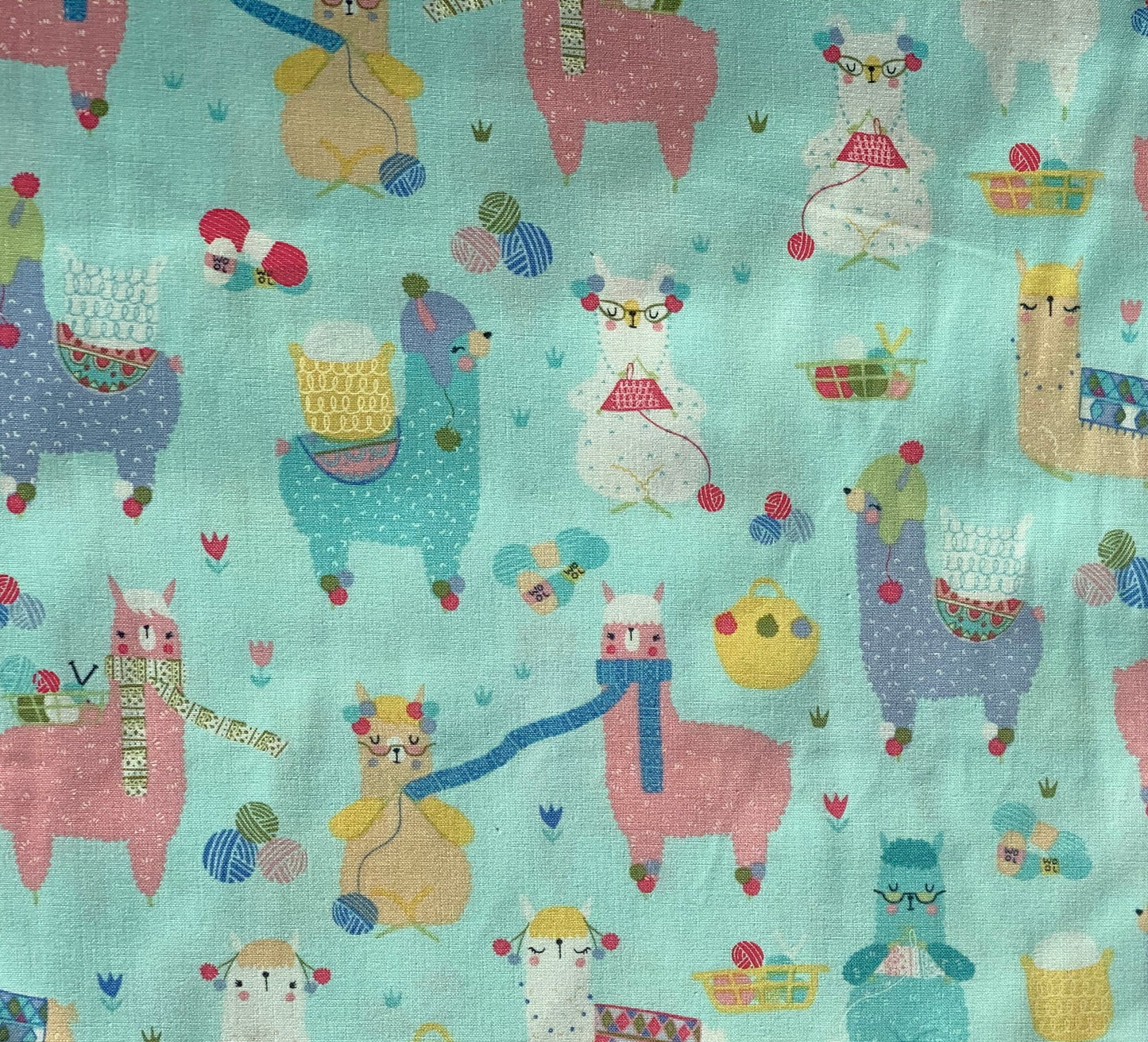 Last cut from bolt approx. 15.5” x width of fabric - Timeless Treasures - Aqua Knitting Alpacas