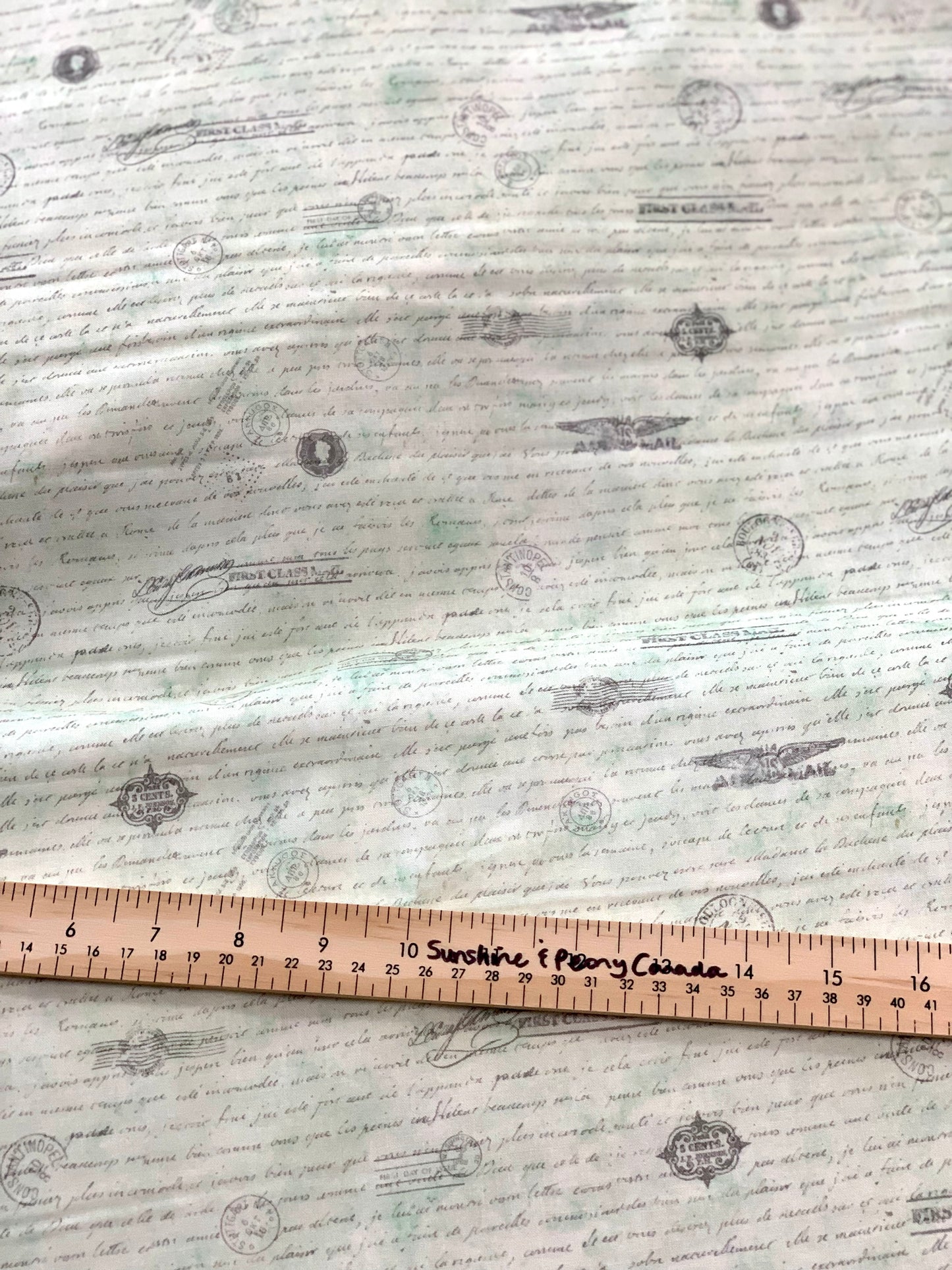 Last cut from bolt - 11" x width of fabric - Library of Rarities - ANTIQUE - Handwriting - Parakeet Color - Robert Kaufman