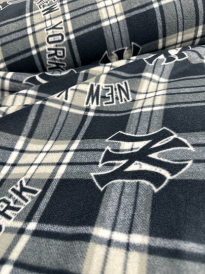 Last approx 35 “ x width of fabric - Fleece - New York Yankees - Blue and White Plaid
