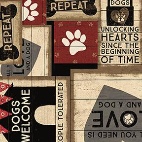 Last cut from bolt - approx 11" x Width of fabric  - Wigglebutts - Cute Phrases related to Dog ownership and Dog Love - Light Khaki Collage