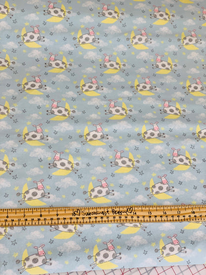 Back in stock - Flannel - Comfy Flannel - Blue Cow Jumping Over the Moon - Priced by the half Metre