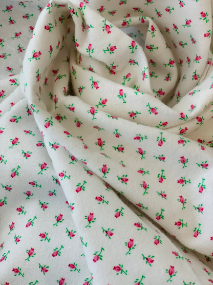 Back in Stock -  Flannel - Vintage Rosebuds On White - Half Metre