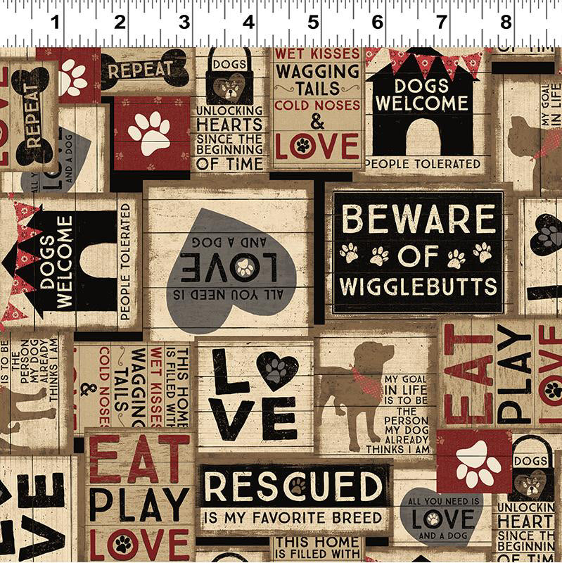Last cut from bolt - approx 11" x Width of fabric  - Wigglebutts - Cute Phrases related to Dog ownership and Dog Love - Light Khaki Collage