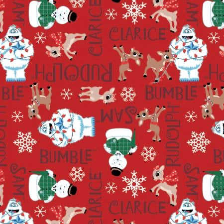 Flannel - Rudolph the Red Nose Reindeer - Christmas Fabric - Character Names - Red