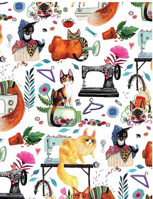 Last cut from bolt - Approx 6.75 " x Width of fabric  - Dear Stella - Sew Mischievous - White