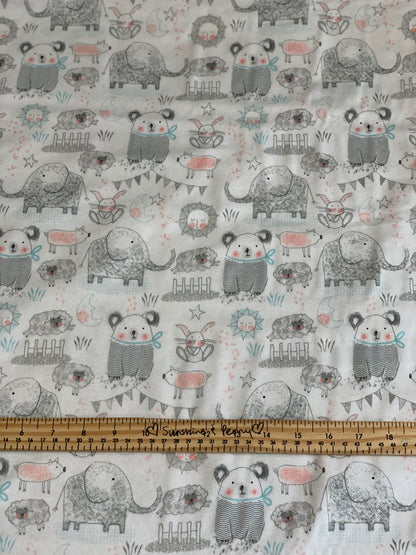 Last 21” x width of fabric - Flannel - Comfy Flannel - White Elephant, Bear, Pigs, Bunny & Sheep