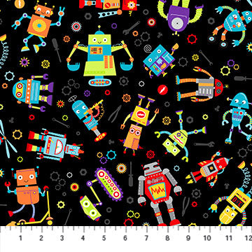 Half Yard Cuts - Northcott Fabrics -  Rollicking Robots - Colorful Robots - Black