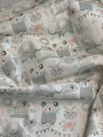 Last 21” x width of fabric - Flannel - Comfy Flannel - White Elephant, Bear, Pigs, Bunny & Sheep