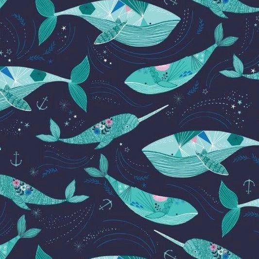 Last cut approx 8" x Width of fabric - Dashwood Studio - Into The Blue - Whales