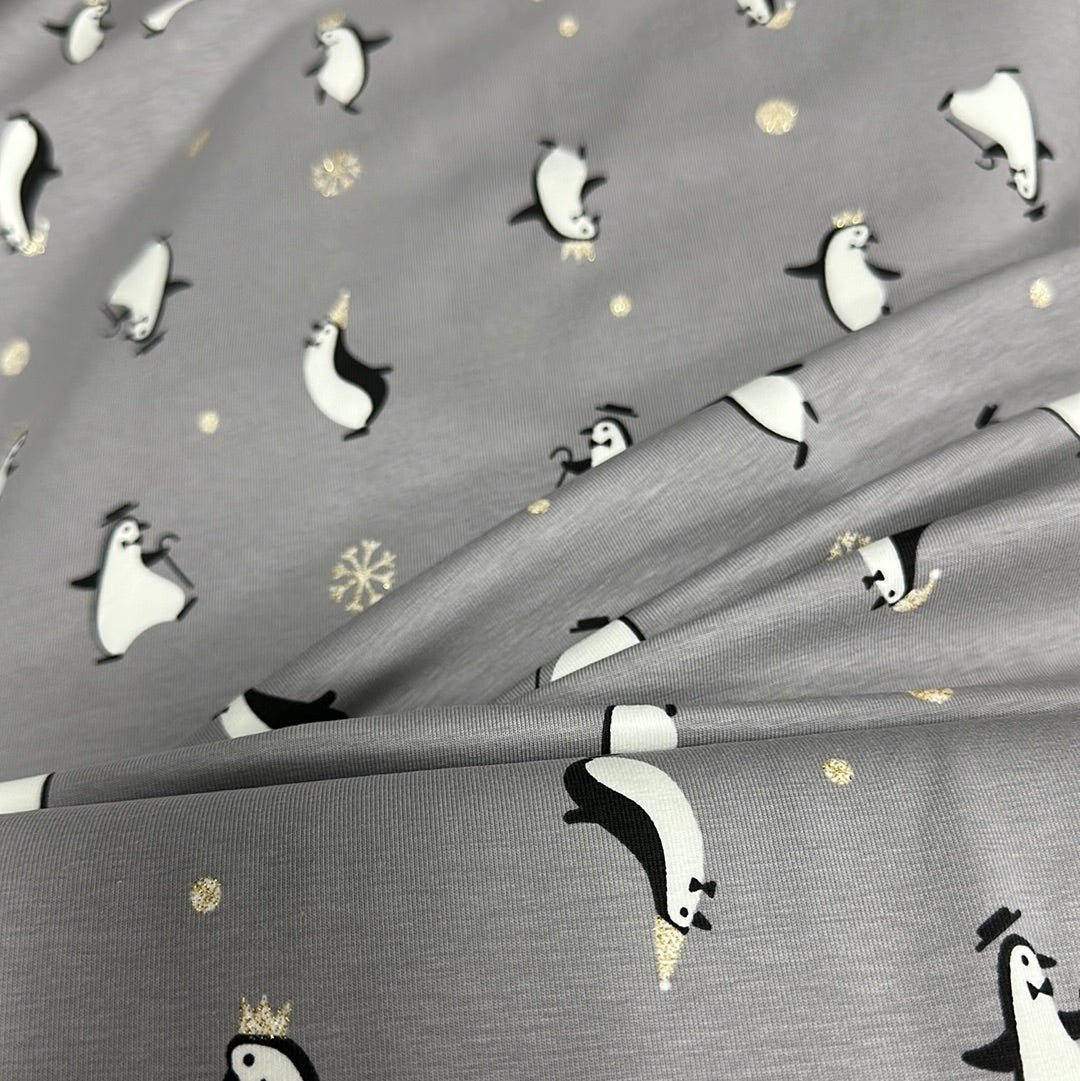 Knit - Katia Fabrics - Gold Penguins Xmas Jersey - Metallic - Priced by half metre