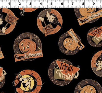 Last cut from bolt - Approx 24" x width of fabric - Clothworks - Retro Halloween  - Medallions - Black