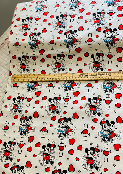 Last cut from bolt - 24.5" x width of fabric  - Disney Mickey & Minnie Vintage -  I Love You