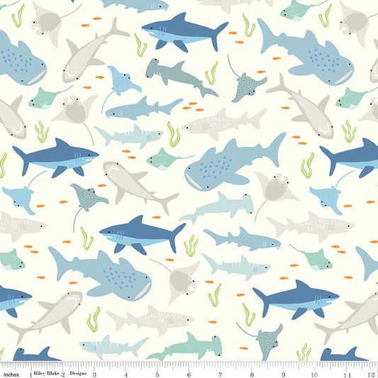 Last Cut from Bolt - 29" x Width of fabric - Riley Blake - Riptide - Main  - String-rays, Sharks, Manta Rays - Cream