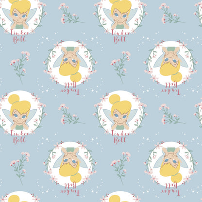 Camelot Fabrics - Peter Pan and Tinker Bell Collection - Floral Badges - Light Blue