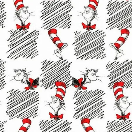 Last cut from bolt - Approx. 35.5" x width of fabric - Dr. Seuss - The Cat in the Hat - Black White and Red with Scribble Squares - by Robert Kaufman